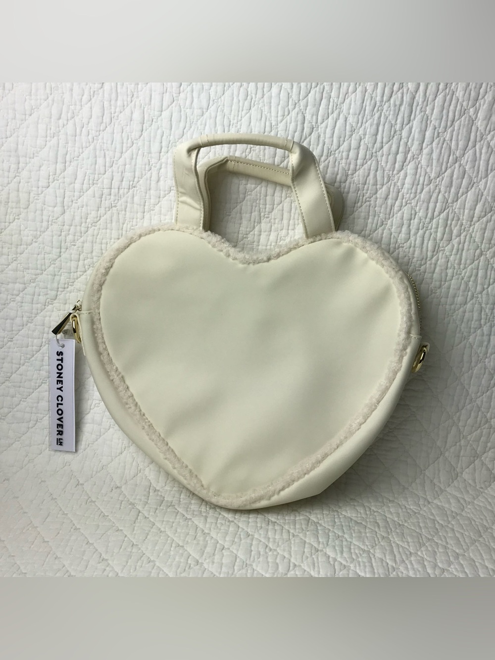 Stony Clover Lane Mini Heart Tote Bag With Sherpa Trim Winter White NWT